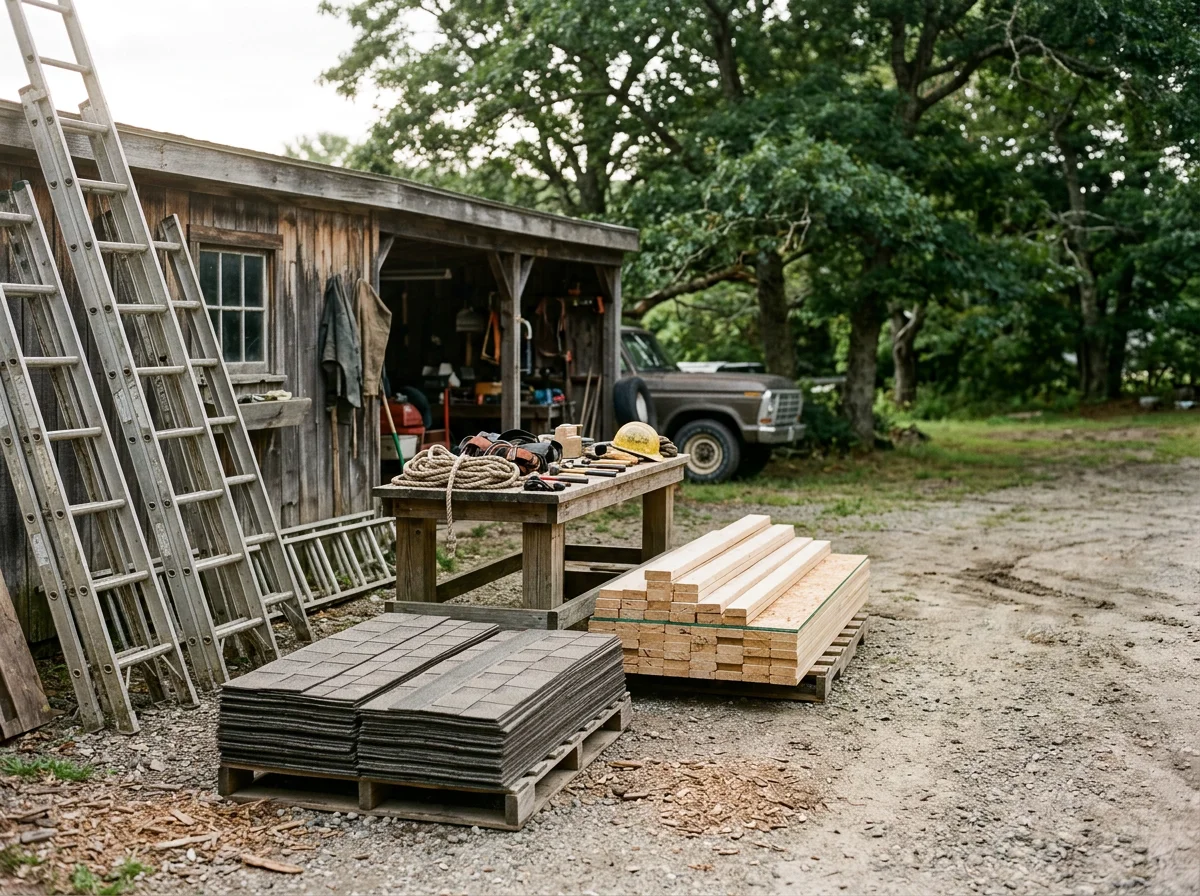 Construction site with tools and materials staged for home renovation work, showing active project setup.