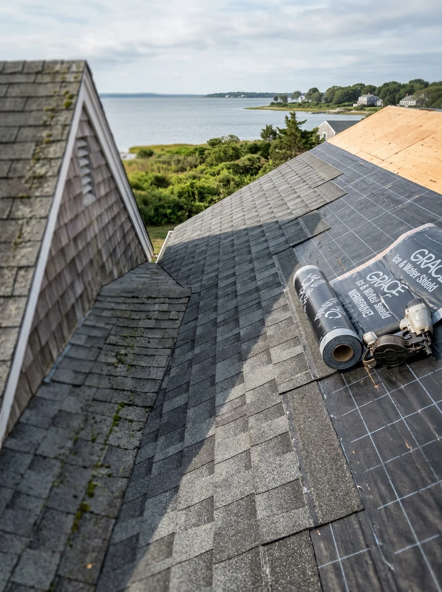 New roofing installation in progress on a Cape Cod home with architectural shingles being laid over a properly installed ice-and-water shield, with Cape Cod Bay visible in the background.
