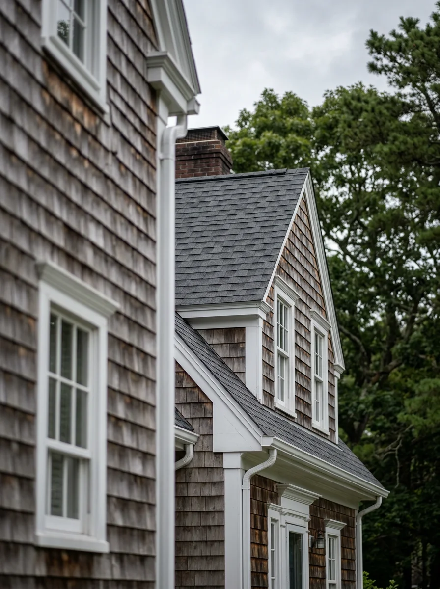 Renovated kitchen interior in a Duxbury, MA colonial home with white shaker cabinets, a center island, and new windows overlooking a private wooded backyard.
