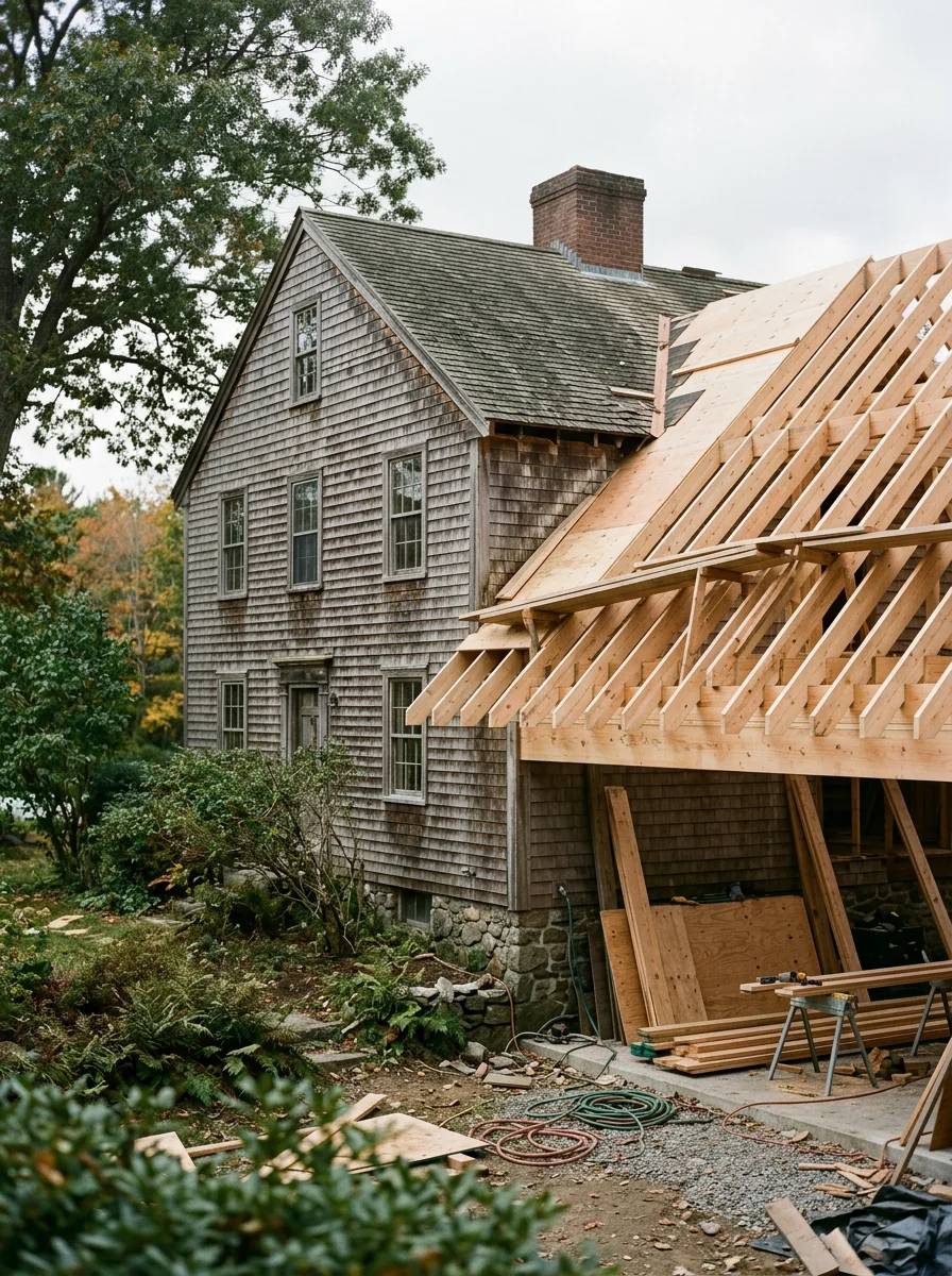 Rear addition under construction on a large South Hingham, MA colonial home, with new framing extending from the existing structure and a roofline matched to the original architecture.