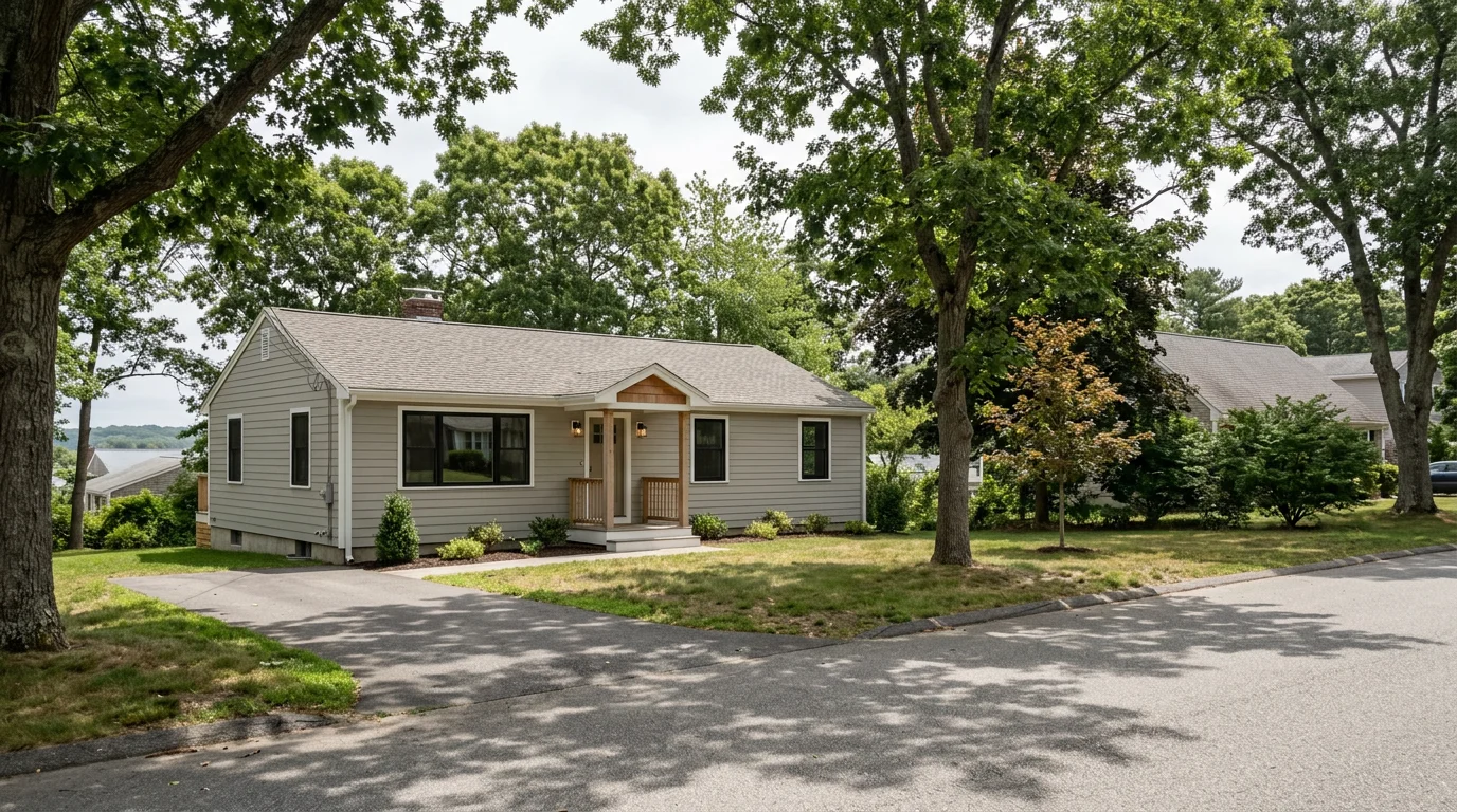 Exterior view of a renovated mid-century ranch home in Kingston, MA with new fiber cement siding and updated windows on a residential street near the South Shore coast.