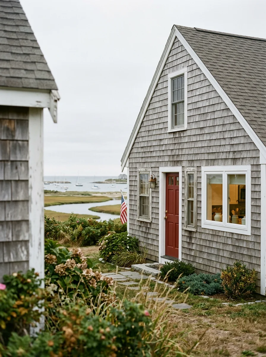 Remodeled kitchen inside a 1950s cape home in Scituate, MA with white shaker cabinets, quartz countertops, and a new window above the sink overlooking a coastal backyard.