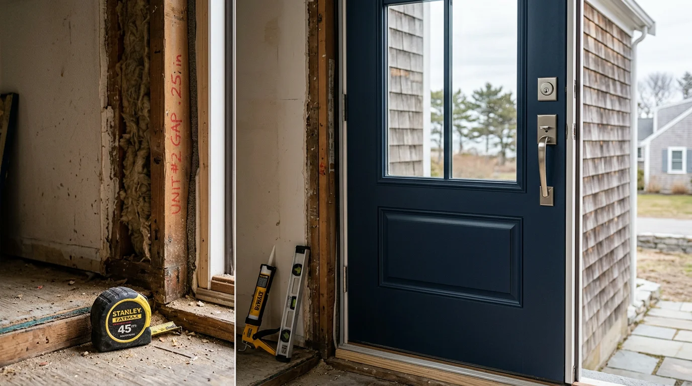 A newly replaced exterior entry door on a residential home in Kingston, Massachusetts, showing a clean frame fit and fresh finish suited to coastal New England weather. The door is fully hung and closed flush against the threshold with no visible gaps.