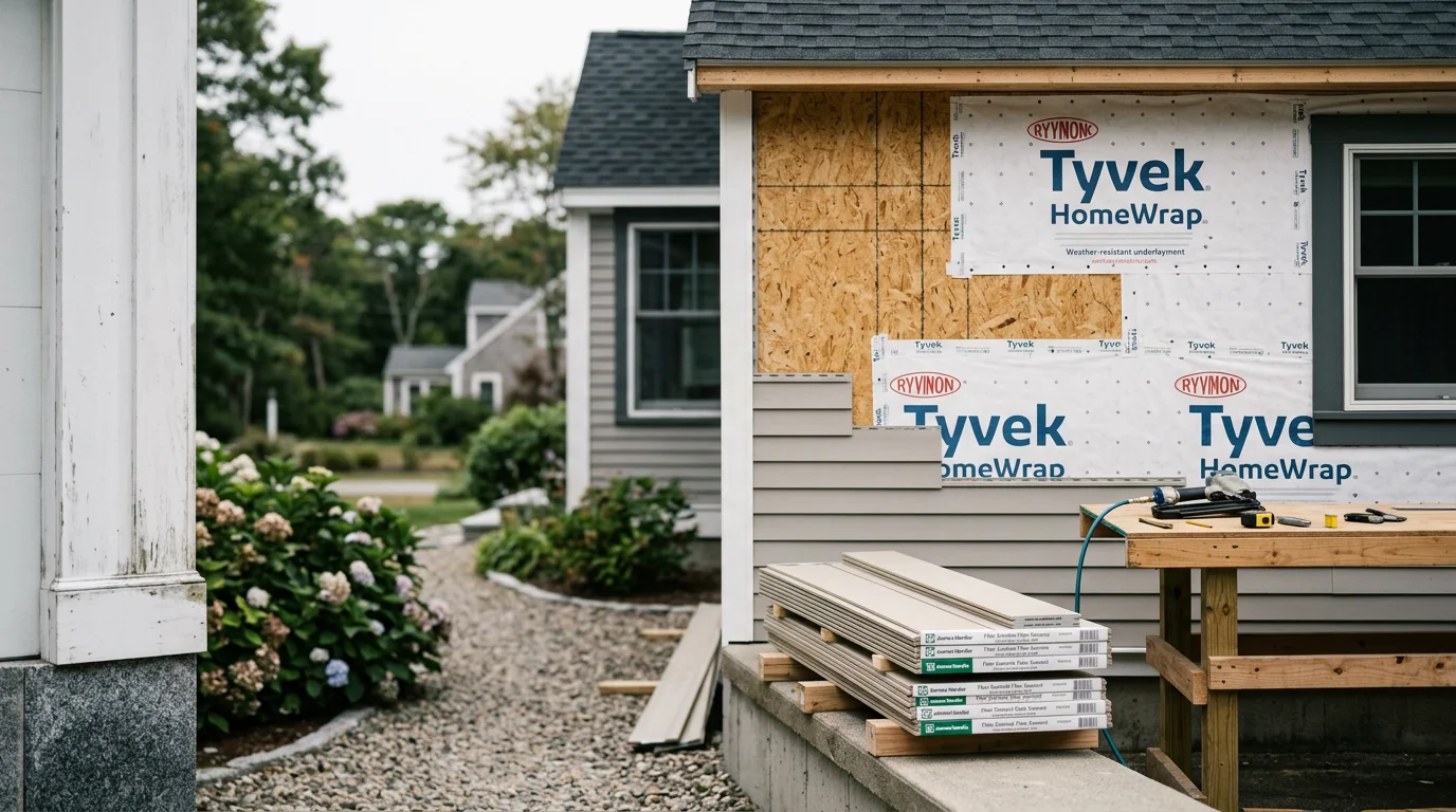 Freshly installed exterior cladding panels on a residential home in Kingston, Massachusetts, showing clean panel alignment and finished trim along the roofline. South Shore coastal home exterior after full cladding installation by Javelyn Construction.