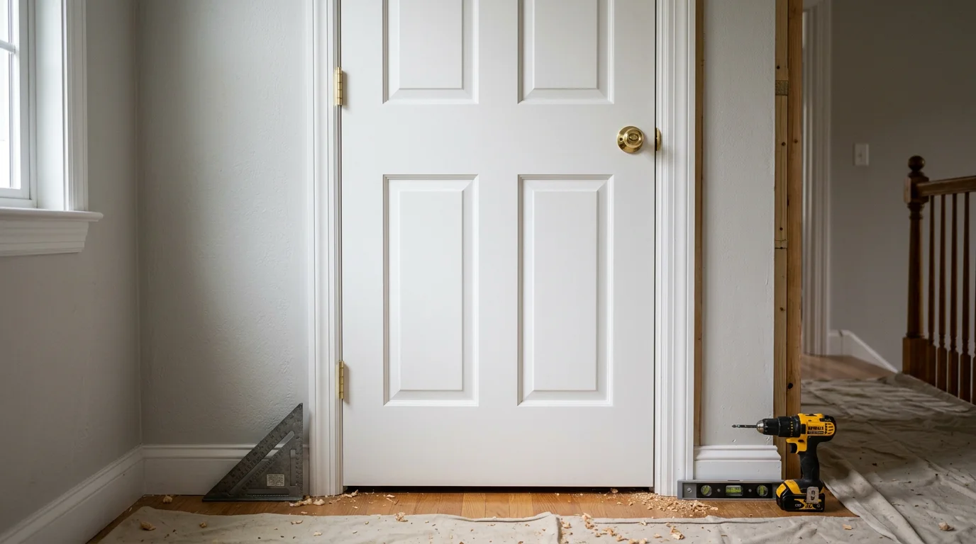 A freshly installed interior panel door with painted trim in a South Shore home, showing clean hardware alignment and a flush fit within the door frame. The room reflects the colonial-style interior common to homes in Kingston and the surrounding area.