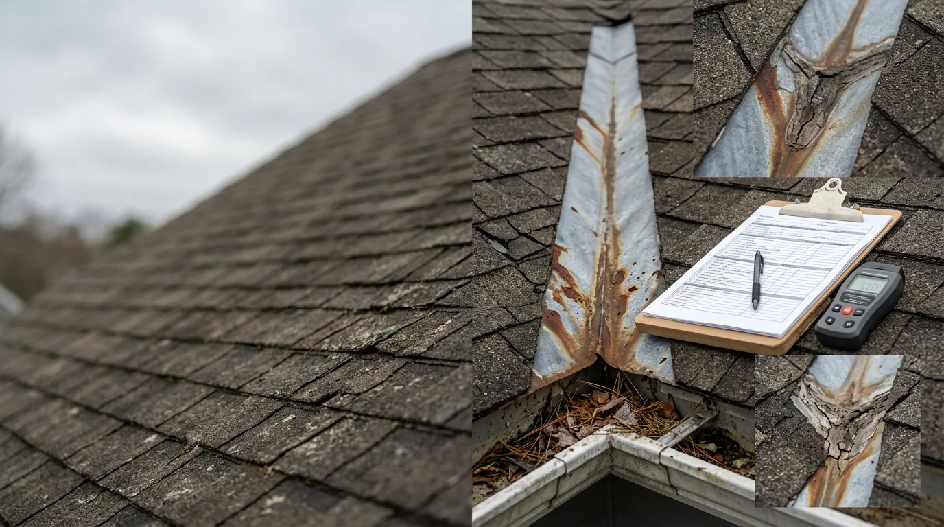 A Javelyn Construction roofer inspecting shingles, flashing, and gutters on a residential home in Kingston, Massachusetts. Close-up view of a South Shore roof showing the inspection of a chimney flashing junction on a coastal New England property.