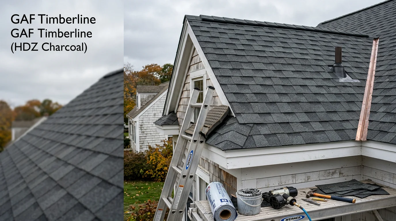 A newly installed roof on a residential home in Kingston, Massachusetts, showing clean roofing lines and properly seated flashing along the ridge and eaves. The coastal South Shore neighborhood is visible in the background.