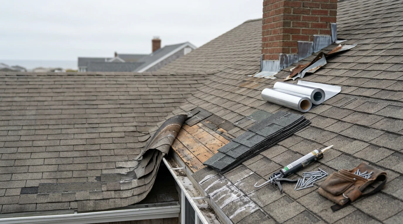 A Javelyn Construction roofer repairing damaged flashing and shingles on a residential home in Kingston, Massachusetts. Close-up view of the repair area showing the South Shore neighborhood roofline in the background.