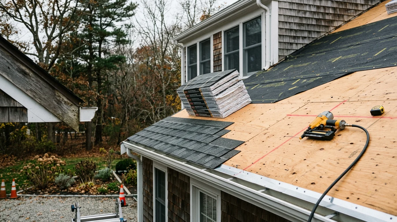 A newly completed roof replacement on a two-story coastal home in Kingston, Massachusetts, showing clean ridge lines and uniform shingles. The surrounding South Shore landscape is visible in the background.