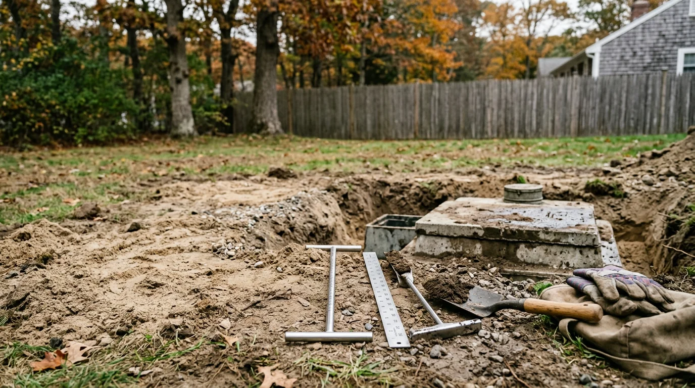 A septic system inspection being performed on a residential property on the South Shore of Massachusetts, with a technician examining the tank access point in a grassy yard near Kingston.