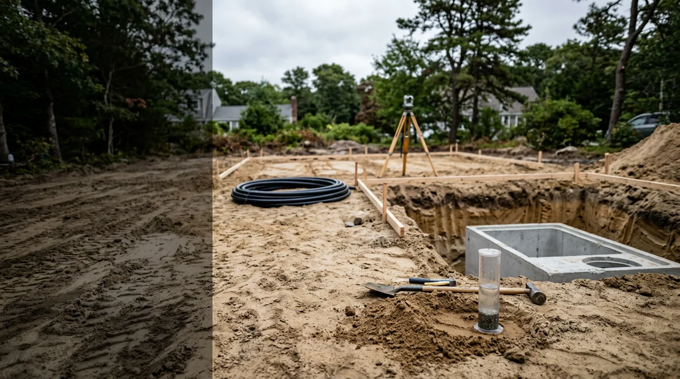 A freshly excavated septic system installation in progress on a residential property in Kingston, Massachusetts, showing a concrete tank being set and a prepared leaching field area with sandy South Shore soil visible.