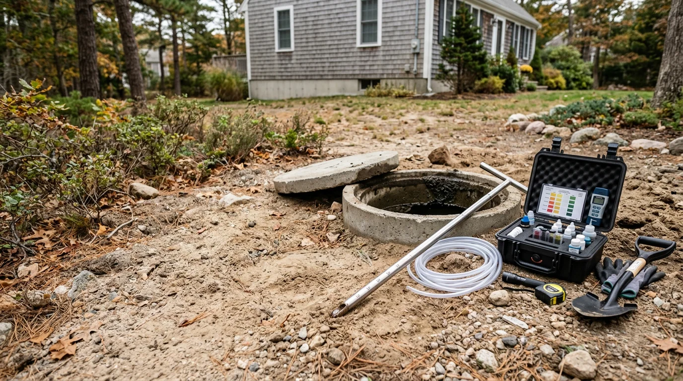 A septic system access cover in a well-kept residential yard on the South Shore of Massachusetts, with a technician from Javelyn Construction checking the system components during a routine maintenance visit in Kingston.