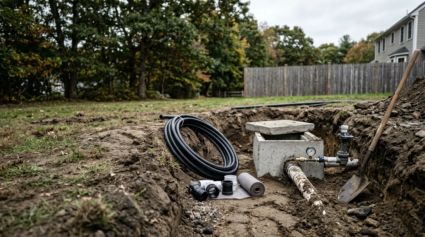 A repaired septic system access cover set flush in a residential yard on the South Shore of Massachusetts, with freshly graded soil around the tank area following excavation and pipe repair work by Javelyn Construction in Kingston.