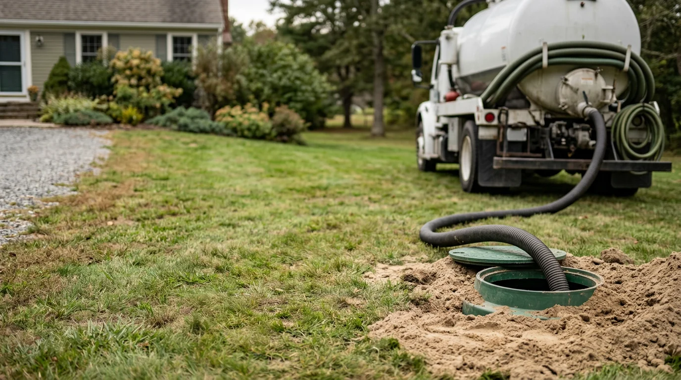 A septic tank access lid open in a residential yard on the South Shore of Massachusetts, with a pump truck hose connected during a routine septic tank pumping service by Javelyn Construction in Kingston.