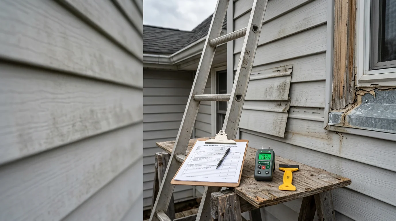 A Javelyn Construction contractor inspecting exterior siding panels and trim on a South Shore home in Kingston, MA. Close-up view showing a detailed check of seams, fasteners, and flashing along the roofline.