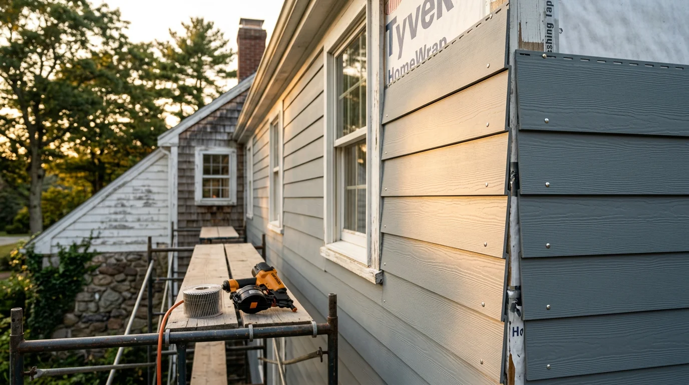 Newly installed siding on a two-story colonial home in Kingston, Massachusetts, with clean trim lines and a finished exterior ready for South Shore coastal weather. The home exterior shows fresh panels running horizontally across the facade with no visible gaps or seams.
