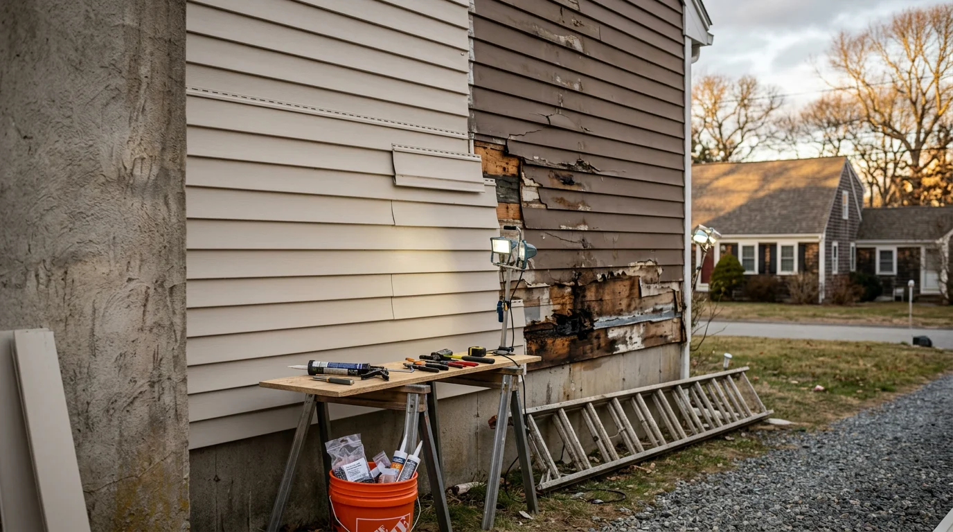 A repaired section of exterior siding on a South Shore home in Kingston, Massachusetts, showing tight seams and no visible cracking or warping. The surrounding panels and trim are intact, with a residential street visible in the background.