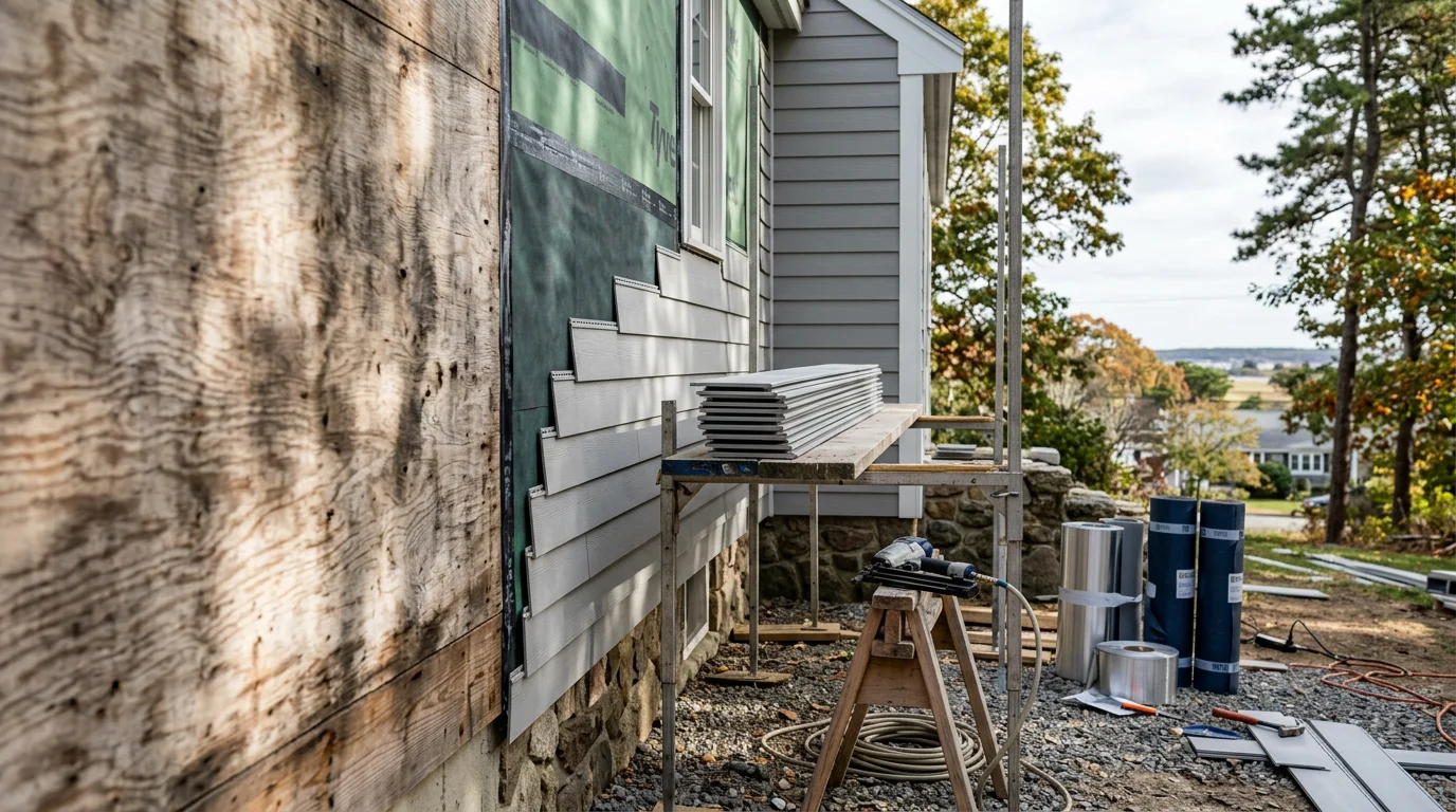 New siding installed on a two-story home in Kingston, Massachusetts, with clean panel lines and tight seams along the exterior walls. The finished exterior reflects the coastal South Shore setting with a fresh, weather-ready appearance.